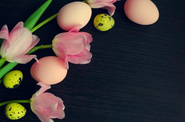 Renkli yumurta ve pembe lale ile Paskalya arka plan