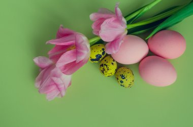 Renkli yumurta ve pembe lale ile Paskalya arka plan