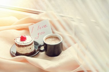 Note I love you with cup of coffee and cake clipart