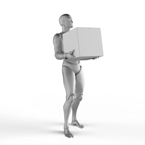 3D-s férfi hordozza egy dobozban. 3D render árnyékok. — Stock Fotó