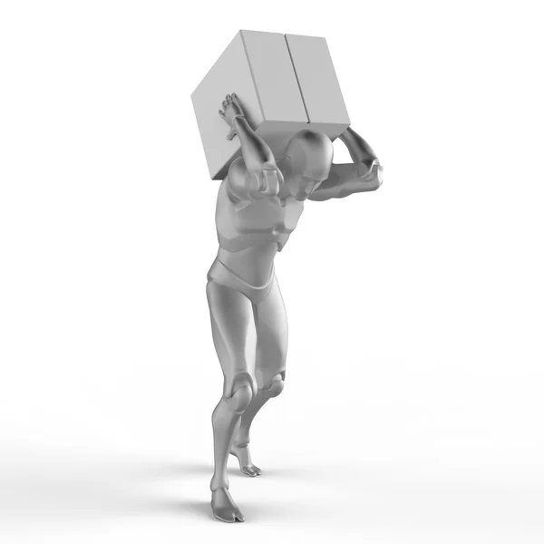 3D man carries a box. 3D render with shadows. — Stock Photo, Image