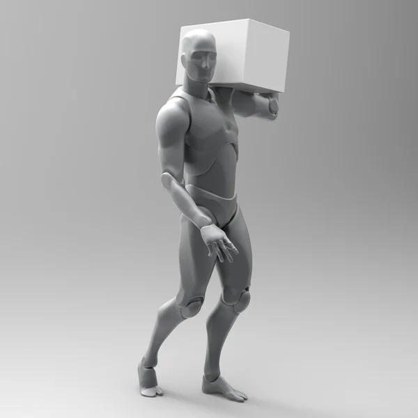 L'homme en 3D porte une boîte. rendu 3D avec ombres . — Photo