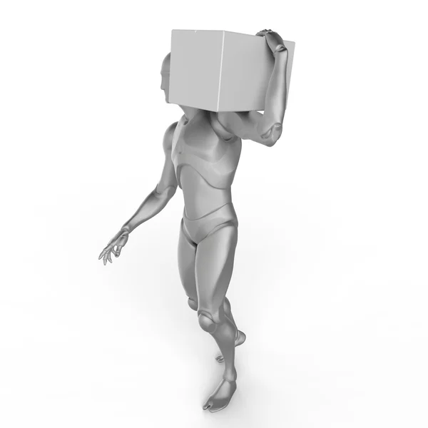 3D-s férfi hordozza egy dobozban. 3D render árnyékok. — Stock Fotó
