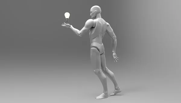 3D человек держать лампочку с новой идеей — стоковое фото