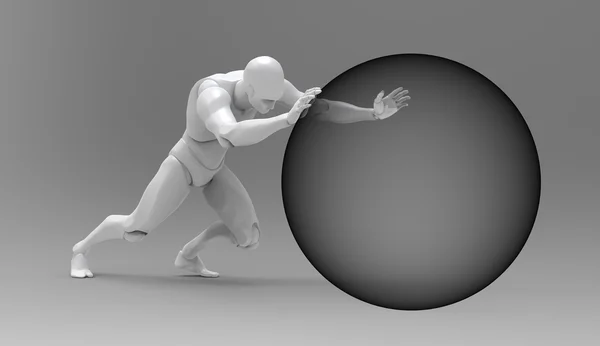 3D белый человек толчок земной шар очень трудно — стоковое фото
