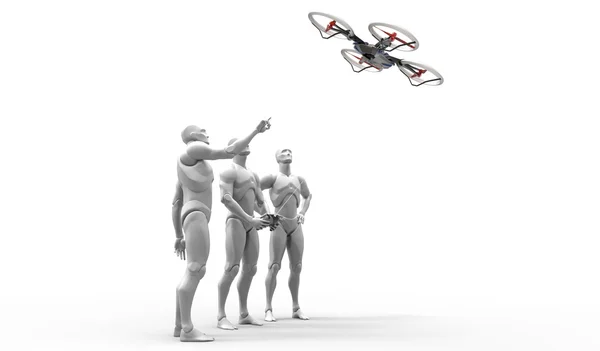 3D human play with quadcopter. — Stock Photo, Image