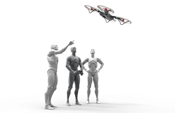 3D human play with quadcopter. — Stock Photo, Image