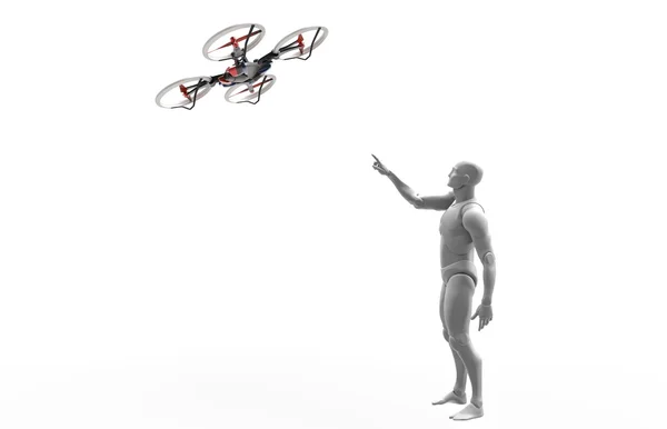 3D human play with quadcopter. — Stock Photo, Image