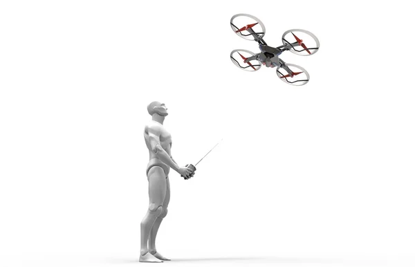 3D human play with quadcopter. — Stock Photo, Image