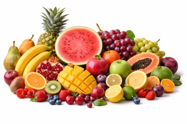 Karpuz, muz ve üzüm gibi pek çok farklı meyvenin renkli koleksiyonu