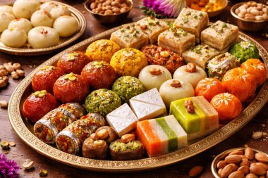 Süt bazlı farklı tatlılar ve şekerli abur cuburlardan oluşan ayrıntılı bir düzenleme.