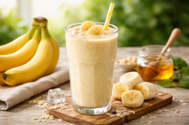 Besleyici yulaflarla bezenmiş uzun bir bardak meyve suyu.