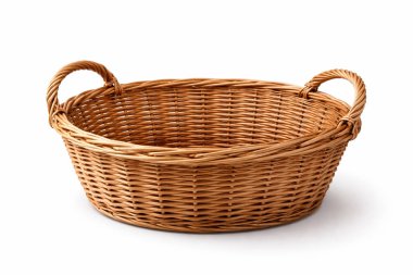 A hand-woven empty brown wicker basket with two round handles