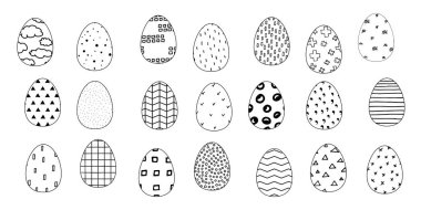 Paskalya yumurtaları ve İskandinav geometrik süsü. Siyah Taslak beyaz arka planda izole edilmiş yumurtalar boyadı. Güzel el çizimi Mutlu Paskalya vektörü çizimi. Bahar Tatili Sembolleri Koleksiyonu
