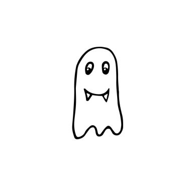Doodle Cadılar Bayramı gülümseyen hayalet. Beyaz arka planda izole edilmiş sivri dişli karakter. Eli sevimli, korkunç kötü ruhlar çizmiş. Ürkütücü sonbahar tatili için vektör hayalet işareti, yazdırma, şaka mı şeker mi