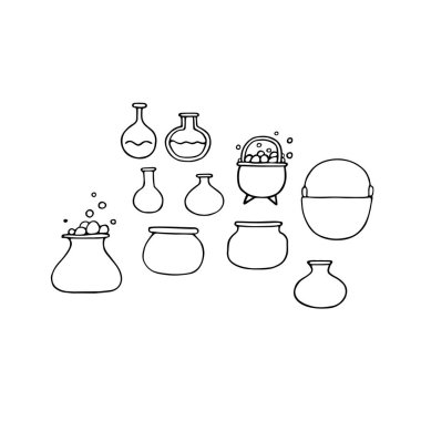 Sihirli kazan karalama seti. Cadıların ana hatları kazan, tüp, beyaz arka planda izole edilmiş şişe. Cadılar Bayramı köpüklü çaydanlık. Sonbahar tatilleri için vektör illüstrasyonu, şaka mı şeker mi, kimyasal sembol