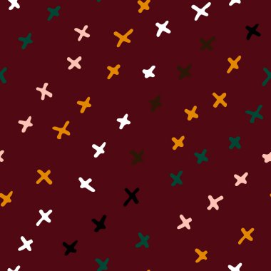 Kusursuz İskandinav deseni. Sarı şeritler, kırmızı arka planda pembe, siyah el çizimi haçlar. Kış süsü. Duvar kağıtları, posterler, ambalaj kağıtları, tekstil için vektör çizimleri