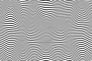 Operasyon sanatı çizgili afiş. Siyah beyaz çizgili arka plan. Tek renkli çizgili hareket efekti. Sıvı formların optik yanılsaması, hacim katlanması. Geleceğin dalga görüntüsü. Vektör dalgalı eğilim gösterimi