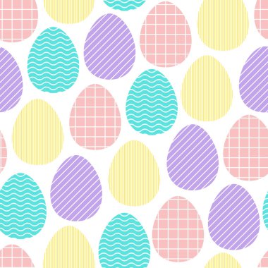 Kusursuz Paskalya Şablonu. Beyaz arka planda nötr geometrik süslemeli boyanmış renkli yumurtalar. Şenlikli bahar çizgileri, çizgiler, ızgara çizimleri. Tatlı Paskalya Pastel Sembolleri