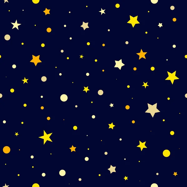 Yıldızsız gece vektör deseni. Koyu mavi arka planda parlak yıldızlar. Tatiller için süs, çocukların iç mekanları, doğum günleri, Noel. Duvar kağıdı, ambalaj kağıdı, tekstil için vektör illüstrasyonu