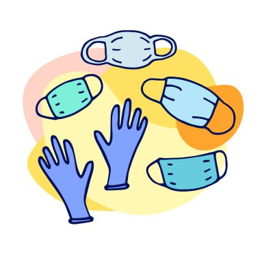 Tıbbi koruyucu karalama seti. Elle çizilmiş renkli maske, eldivenler. Elin anlamı ve virüslere, pisliğe, bakterilere, koronavirüse karşı korunmak. Vektör Sembol Temizliği, Kısırlık, Dezenfektan Koleksiyonu