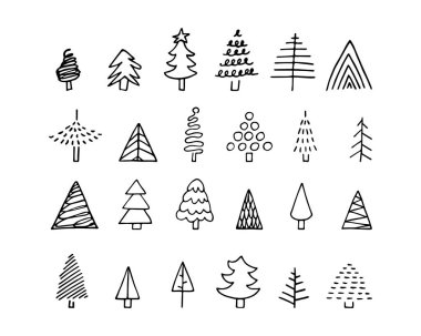 Vector doodle Christmas tree set. Hand-drawn fir-trees isolated on white background. Outline Scandinavian tree as symbol of Happy New Year, Merry Christmas holiday celebration. Festive cute collection clipart