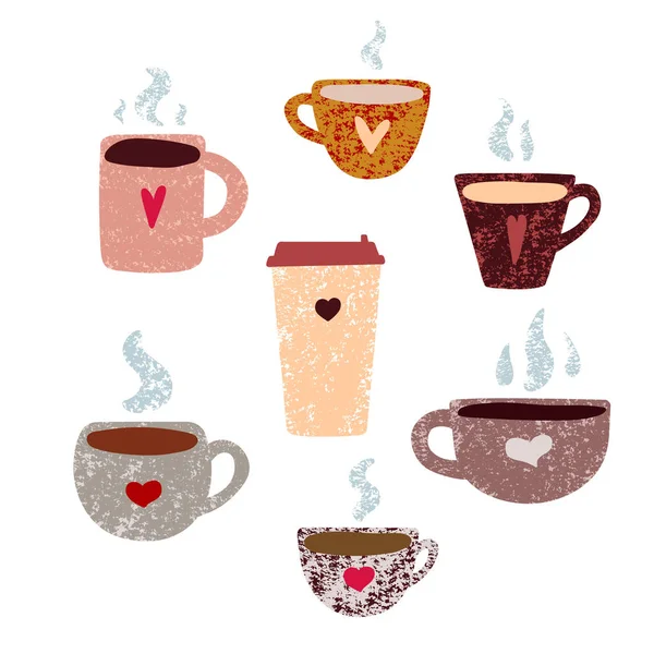 Gezellige Textuur Koffiekopjes Set Schattige Textuur Warme Drank Geïsoleerd Witte — Stockvector