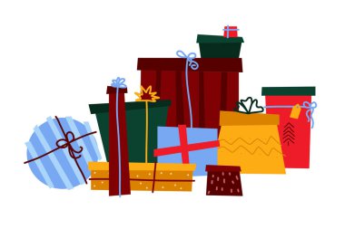 İskandinav tarzı Noel hediyeleri. Beyaz arka planda izole edilmiş farklı renkli hediyeler yığını. Yeni yıl seti. Kurdeleli kutular. Vektör şirin tatil illüstrasyonu