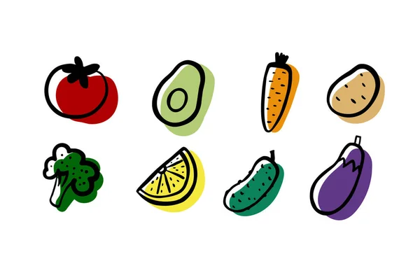 Vegetables Set Broccoli Avocado Carrot Potato Tomato Cucumber Eggplant Lemon — Stock Vector