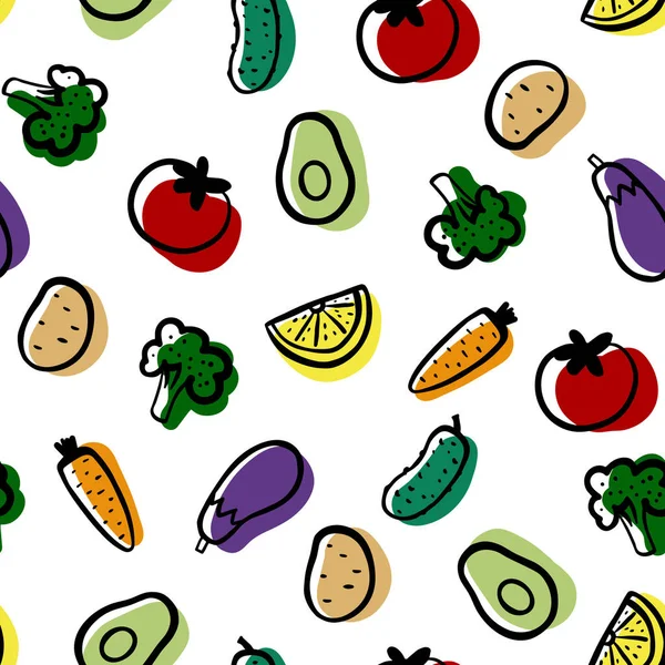 野菜はシームレスなパターンを設定します ブロッコリー アボカド ジャガイモ トマト キュウリ レモンを白い背景に 新鮮な野菜を手描き ベクトル健康食品 ベジタリアン — ストックベクタ