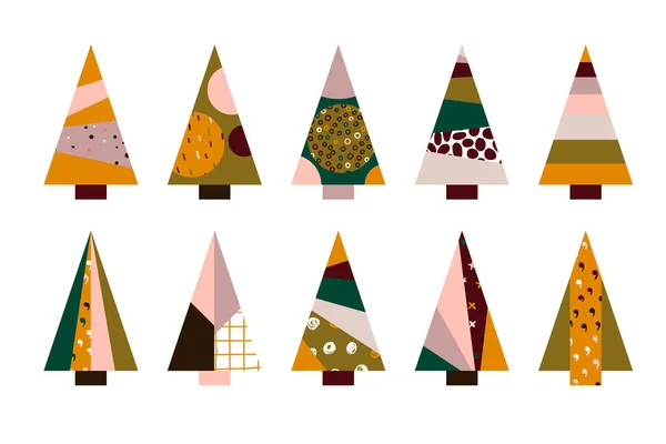 Conjunto Árbol Navidad Triangular Dibujos Animados Vectoriales Abeto Dibujado Mano — Vector de stock