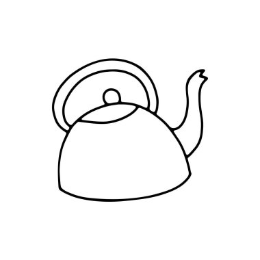 Geleneksel el yapımı çaydanlık. Kettle beyaz arka planda izole edilmiş. Samimi mutfak gereçleri, sevimli mutfak eşyaları, çay tabakları, kahve, içecekler. Kahvaltı, saat 5 'in sembolü. Vektör işareti