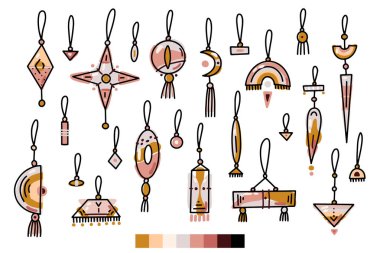 Doodle boho Noel baloları hazır. Püsküllü oyuncaklar, beyaz arka planda izole edilmiş püsküller. Pastel çıplak renkler festival dekorasyonu. Vektör Yeni Yıl illüstrasyonu. Güzel el çizimi kış tatili sembolü