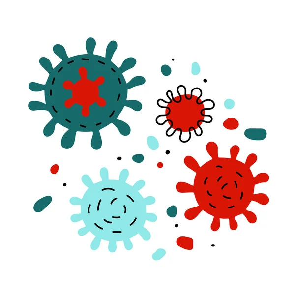 Sinal Doodle Coronavirus Activado Desenhos Animados Vermelho Célula Vírus Azul — Vetor de Stock