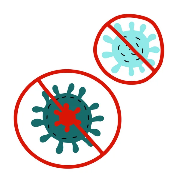 Doodle Coronavirus Sign Set Crossed Out Red Blue Virus Cell — Stock Vector