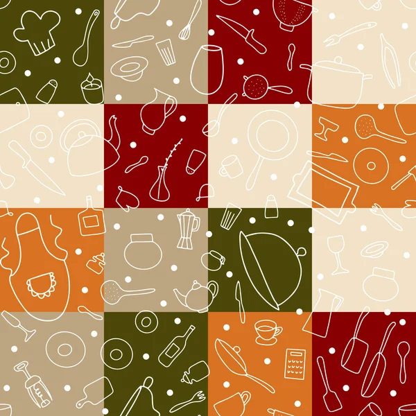Kusursuz Doodle masa takımı vektör şablonu. Kırmızı, yeşil, bej renkli kareli arka plandaki ana tabaklar. Tencere, tava, yemek tabağı, çatal bıçak takımı, çaydanlık, kahve fincanı, aşçı kıyafetleri. Mutfak gereçleri