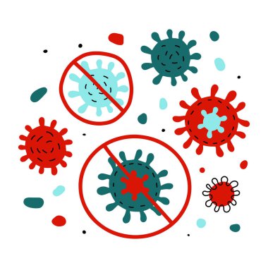 Doodle Coronavirus işareti hazır. Kırmızı çizgi film, mavi virüs hücresi beyaz arka planda izole edilmiş. Hastalığın, zatürreenin, morfin, tıbbın, tedavinin, bilimin, biyolojinin, sağlığın sembolü. Vektör tıbbi illüstrasyon