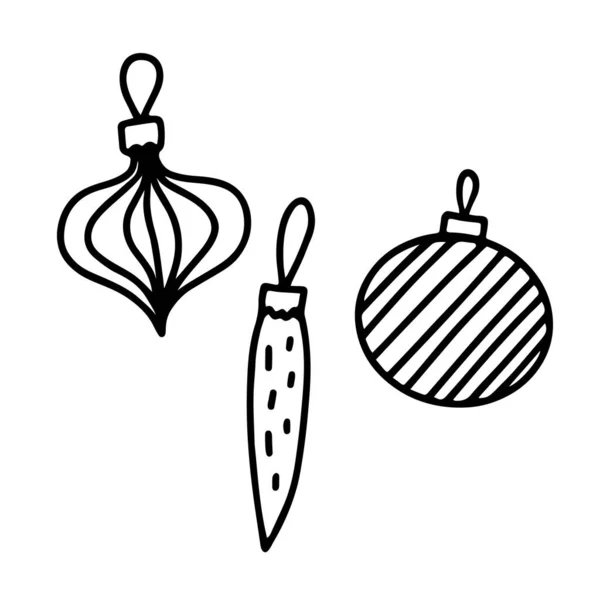 クリスマス ボールセットだ 白地に描かれた手描きの装飾玩具 概要お祝いの縞模様 ストロークの装飾 ベクトル新年のイラスト クリスマスの装飾 かわいい冬の休日のシンボル — ストックベクタ