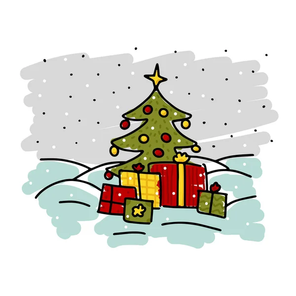Concepto Árbol Navidad Dibujos Animados Paisaje Con Abeto Navidad Regalos — Vector de stock