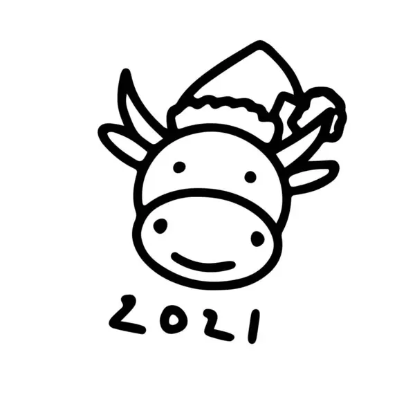 Simbol Doodle Tahun Baru Cina 2021 Banteng Lucu Santa Topi - Stok Vektor