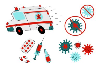 Karikatür vektör tıbbi seti. Ambulans arabası, şırınga, ilaç, beyaz arka planda koronavirüs işareti. Hızlı kurtarma, aşı çizimi. El yapımı doktor nakli, ilk yardım çantası, Covid-19 'u durdurun.