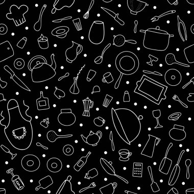 Kusursuz Doodle masa takımı vektör şablonu. Siyah arka plandaki ana hatlar. Tencere, tava, yemek tabağı, çatal bıçak takımı, çaydanlık, kahve fincanı, aşçı kıyafetleri. El yapımı karatahta mutfak gereçleri seti