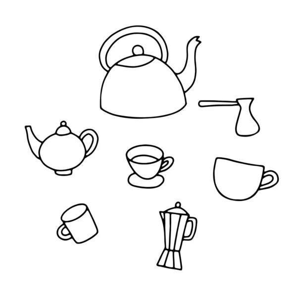 Gekritzeltes Handgezeichnetes Teekannen Set Umriss Wasserkocher Tasse Mokka Turka Auf — Stockvektor
