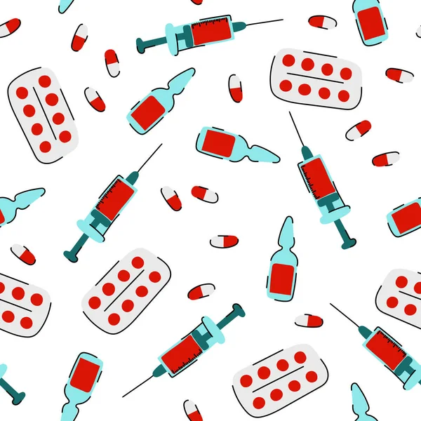 Απρόσκοπτη Cartoon Ιατρικού Εμβολιασμού Μοτίβο Σύριγγα Φύσιγγα Δισκία Χάπια Λευκό — Διανυσματικό Αρχείο