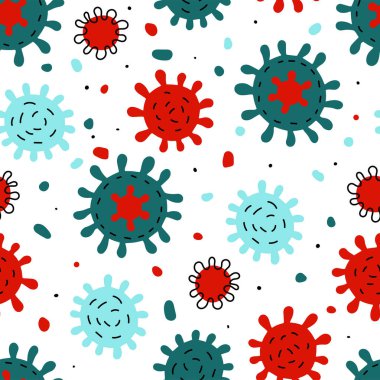Kusursuz Doodle Coronavirus işaret şablonu. Kırmızı çizgi film, mavi yeşil virüs hücresi beyaz arka planda izole edilmiş. Hastalığın sembolü, zatürree, morfin, ilaç, tedavi, sağlık. Vektör tıbbi illüstrasyon