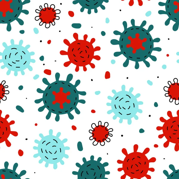 Padrão Sinal Coronavírus Doodle Sem Costura Desenhos Animados Vermelho Azul — Vetor de Stock