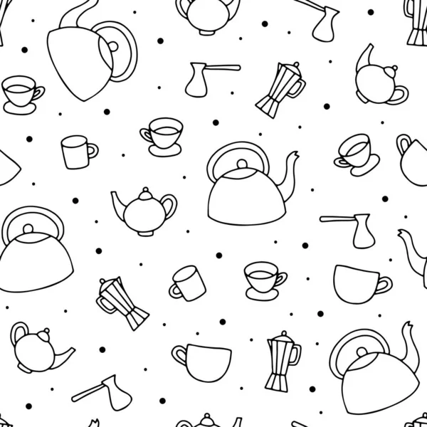 Kusursuz Doodle Çizimi Çaydanlık Deseni Çaydanlık Fincan Moka Beyaz Arka — Stok Vektör