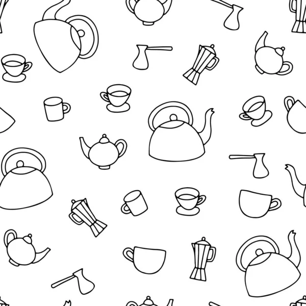 Nahtloses Handgezeichnetes Teekannen Doodle Muster Umriss Wasserkocher Tasse Mokka Turka — Stockvektor