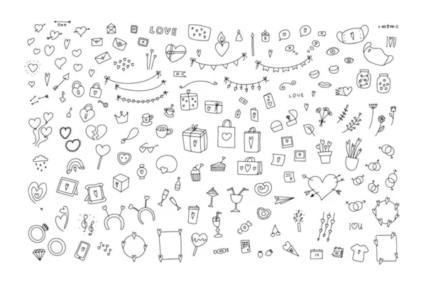 Big Doodle Valentinstag Set Handgezeichnete Liebessymbole Isoliert Auf Weißem Hintergrund — Stockvektor