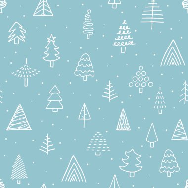Kusursuz vektör karalaması Yeni Yıl nokta deseni. Mavi arka planda elle çizilmiş şirin bir Noel ağacı. Duvar kağıtları, posterler, ambalaj kağıtları, kış kar baskısı için tatil köknar ağaçları çizimi